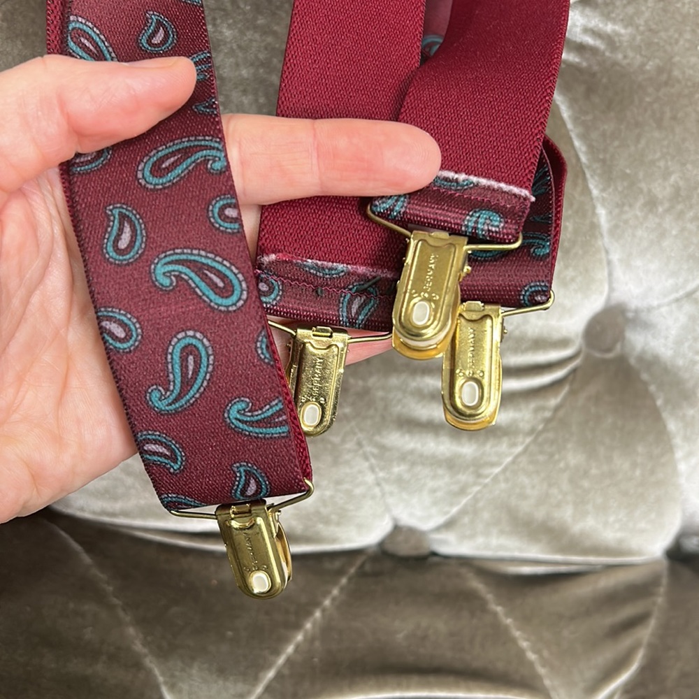 Vintage Made in Germany paisley print gold burgundy adjustable suspenders - Picture 3 of 7